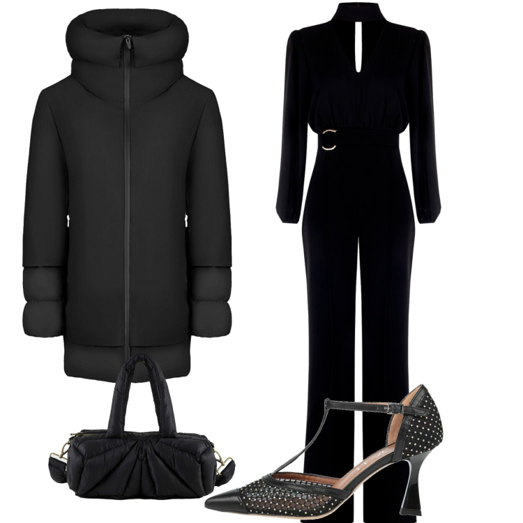 Outfit donna - Elegantemente in nero.. Stile Casual chic per Serata fuori. Abbinamento con décolleté, borse a mano, cappotti, tute.