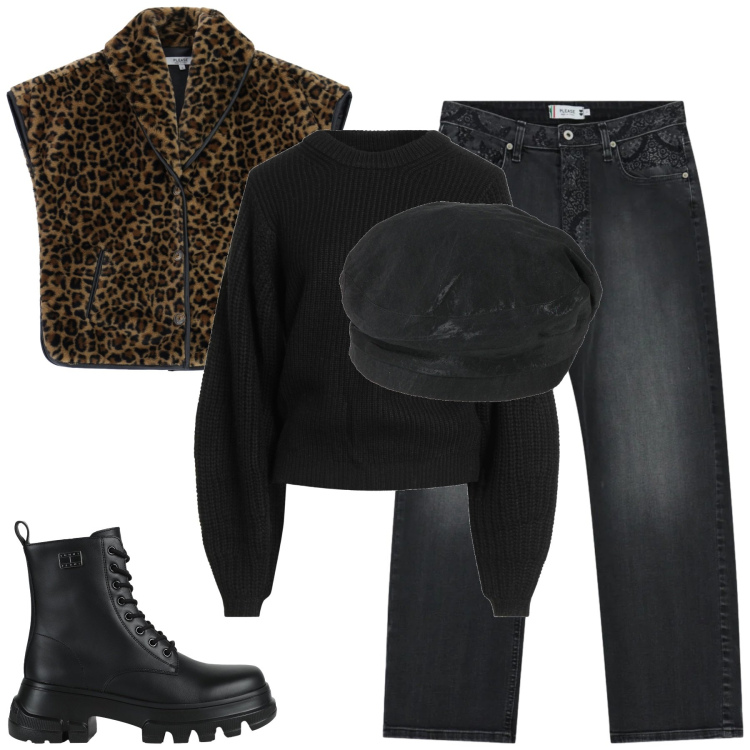 Outfit donna - Lo stile grintoso. Stile Trendy per Tutti i giorni. Abbinamento con cappelli e berretti, stivaletti, pullovers, jeans dritti, cappotti.