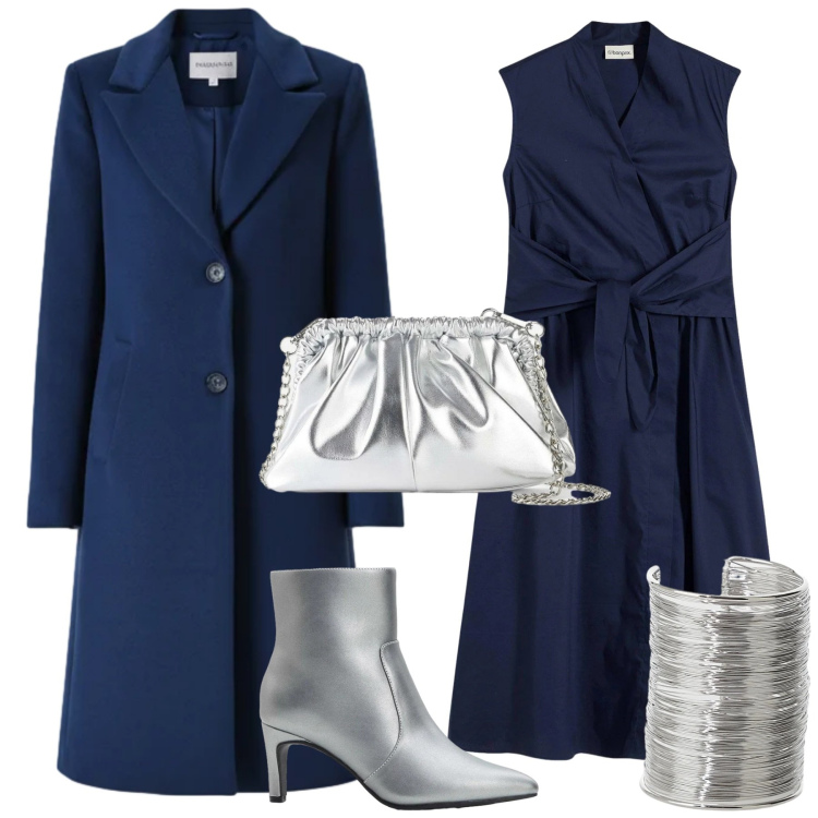 Outfit donna - Argento e blu. Stile Bon Ton per Serata fuori. Abbinamento con vestiti, stivaletti, borse a tracolla, cappotti, braccialetti.