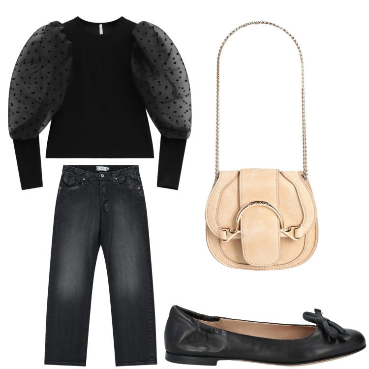 Outfit donna - Aperitivo. Stile Trendy per Tutti i giorni. Abbinamento con marsupi, ballerine, jeans dritti, t-shirt.
