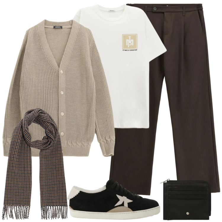 Outfit uomo - Cardigan beige. Stile Casual per Tutti i giorni. Abbinamento con pantaloni, cardigans, t-shirt, portafogli, sneakers, sciarpe.