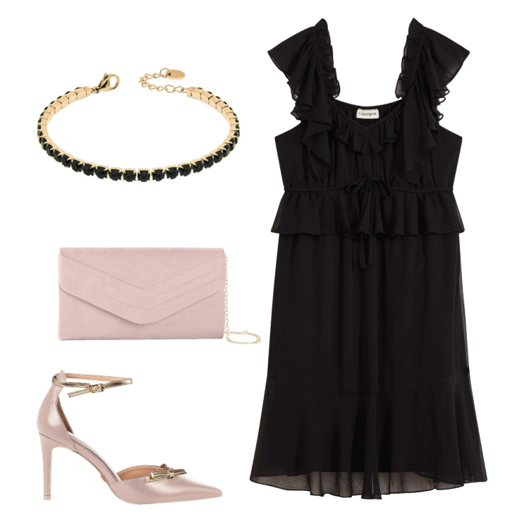 Outfit donna - In rosa e nero fluido. Stile Glamour per Serata fuori. Abbinamento con pochette, vestiti, décolleté, braccialetti.