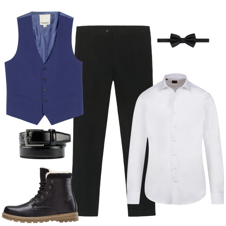 Outfit uomo - Total look #2309779. Stile Business/Elegante per Serata speciale. Abbinamento con stivali e stivaletti, gilet, pantaloni chino, camicie, cinture, papillon.