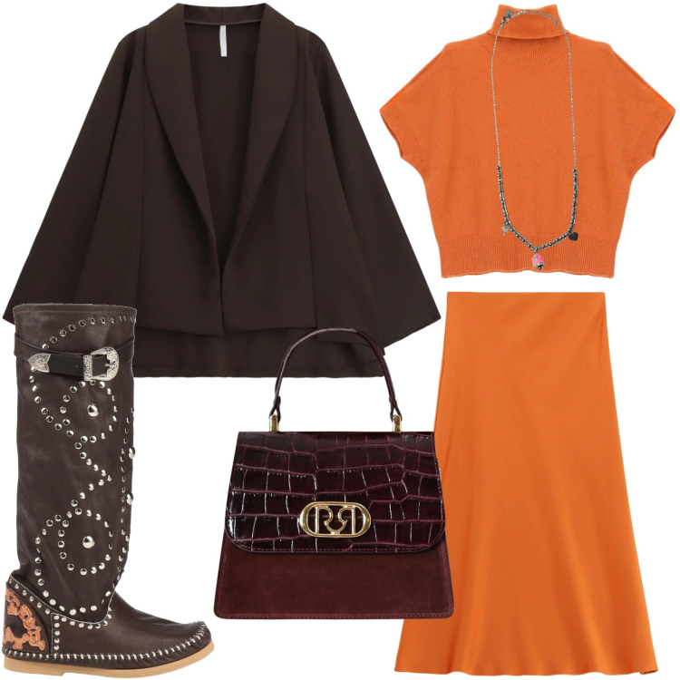 Outfit donna - La gonna audace. Stile Romantica per Tutti i giorni. Abbinamento con stivali, borse a mano, gonne longuette, blazer, maglieria, ciondoli.