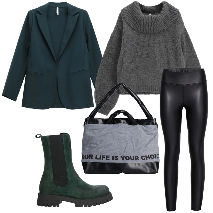 Outfit donna - La giacca verde bosco. Stile Glamour per Tutti i giorni. Abbinamento con leggings, stivaletti, zaini, blazer, maglieria.