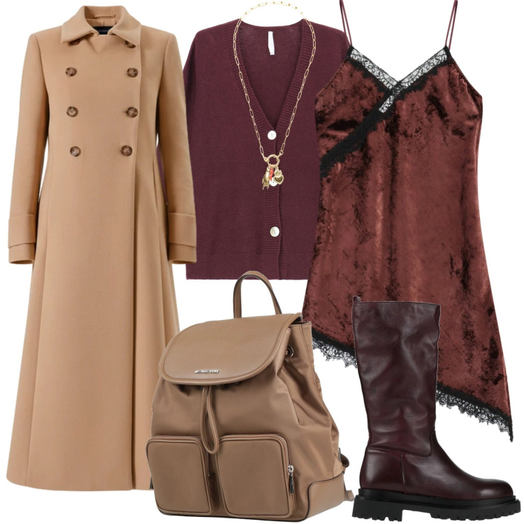 Outfit donna - Cacao dress. Stile Minimal per Tutti i giorni. Abbinamento con zaini, stivali, cappotti, cardigans, vestiti asimmetrici, ciondoli.