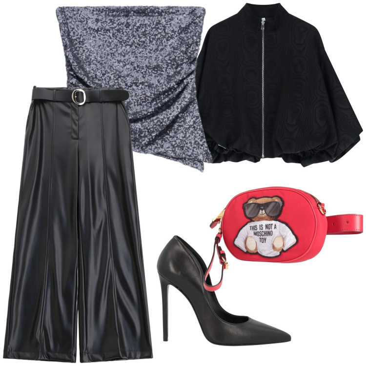 Outfit donna - Spiritoso tocco rosso per veglione. Stile Glamour per Serata fuori. Abbinamento con marsupi, décolleté, top, pantaloni, bomber.