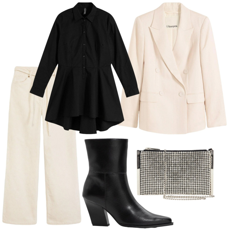 Outfit donna - La pochette argentata. Stile Minimal per Serata fuori. Abbinamento con pantaloni, camicie, blazer, stivaletti, pochette.