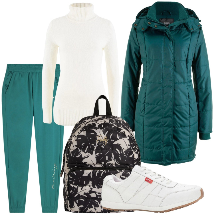 Outfit donna - Lo zaino con stampa. Stile Minimal per Scuola/Università. Abbinamento con sneakers, maglieria, giacche, zaini, pantaloni.