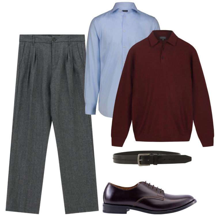 Outfit uomo - City. Stile Business/Elegante per Tutti i giorni. Abbinamento con cinture, pantaloni, scarpe stringate, camicie, maglieria.