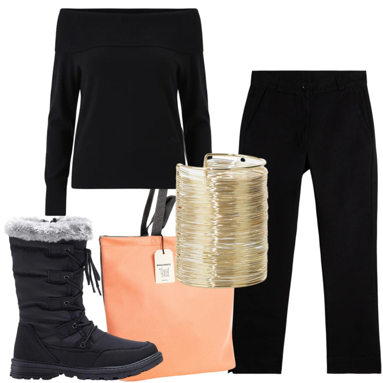 Outfit donna - Capi caldi. Stile Basic per Tutti i giorni. Abbinamento con stivaletti, braccialetti, pantaloni, pullovers, borse tote.