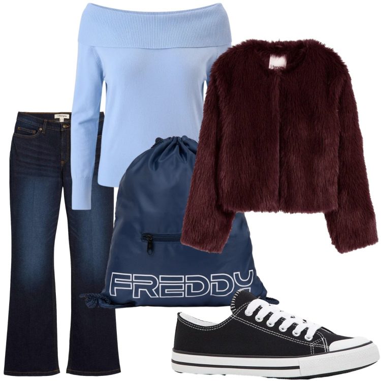 Outfit donna - Minimal con pelliccia. Stile Minimal per Scuola/Università. Abbinamento con jeans bootcut, sneakers, ecopellicce, pullovers, zaini.