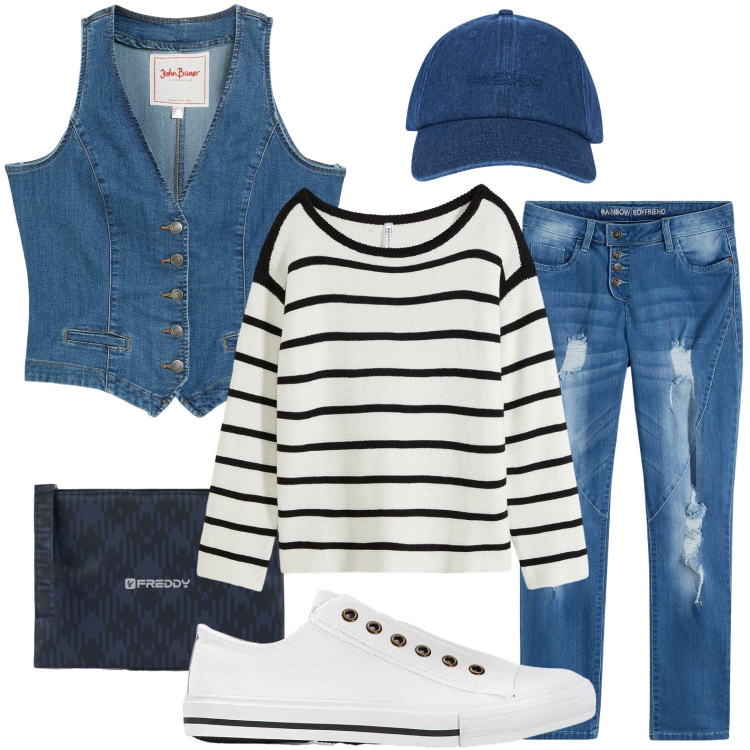 Outfit donna - Al mare d\'inverno. Stile Casual per Tutti i giorni. Abbinamento con maglieria, gilet, jeans boyfriend, sneakers, cappelli con visiera, clutch.