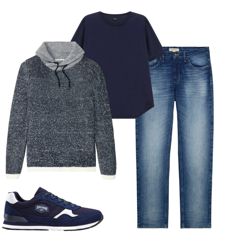 Outfit uomo - Dicembre. Stile Casual per Tutti i giorni. Abbinamento con sneakers, maglieria, jeans dritti, t-shirt.