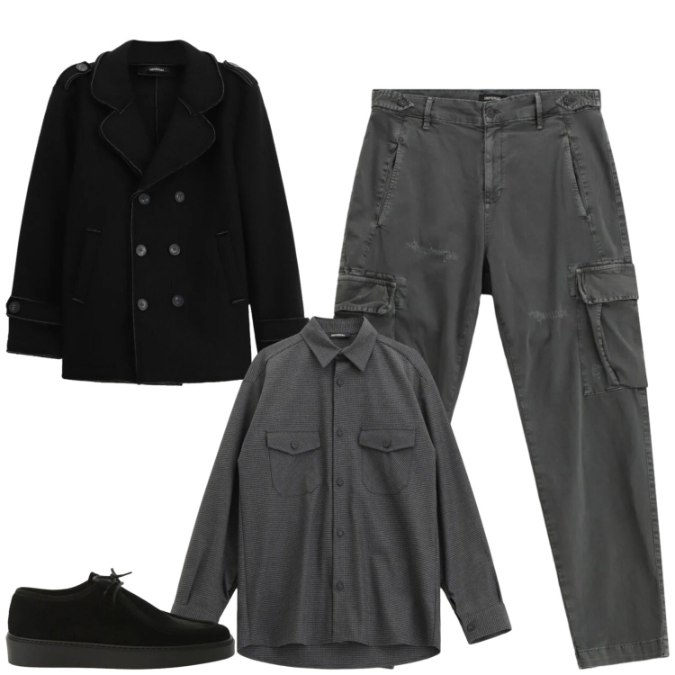 Outfit uomo - City. Stile Casual per Tutti i giorni. Abbinamento con scarpe stringate, camicie, pantaloni cargo, cappotti.