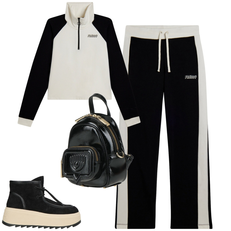 Outfit donna - Freddy. Stile Casual per Tutti i giorni. Abbinamento con stivaletti, zaini, pantaloni, felpe.