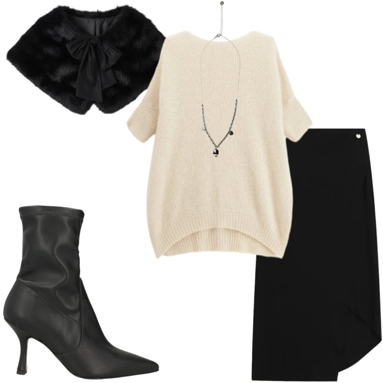 Outfit donna - Serata fuori. Stile Casual chic per Serata fuori. Abbinamento con stivaletti, gonne lunghe, maglieria, ciondoli, stole.