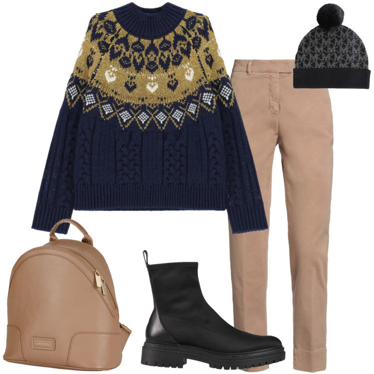 Outfit donna - Dicembre. Stile Casual chic per Tutti i giorni. Abbinamento con stivaletti, zaini, cappelli, pantaloni skinny, maglieria.