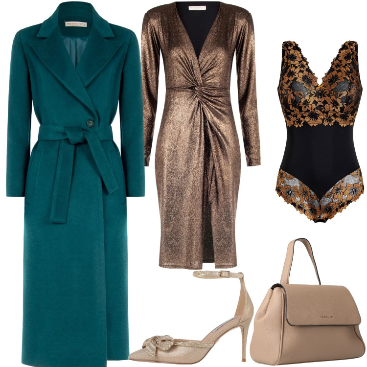 Outfit donna - Total look #2309903. Stile Glamour per Cerimonia. Abbinamento con body, zaini, décolleté, vestiti a tubino, cappotti.