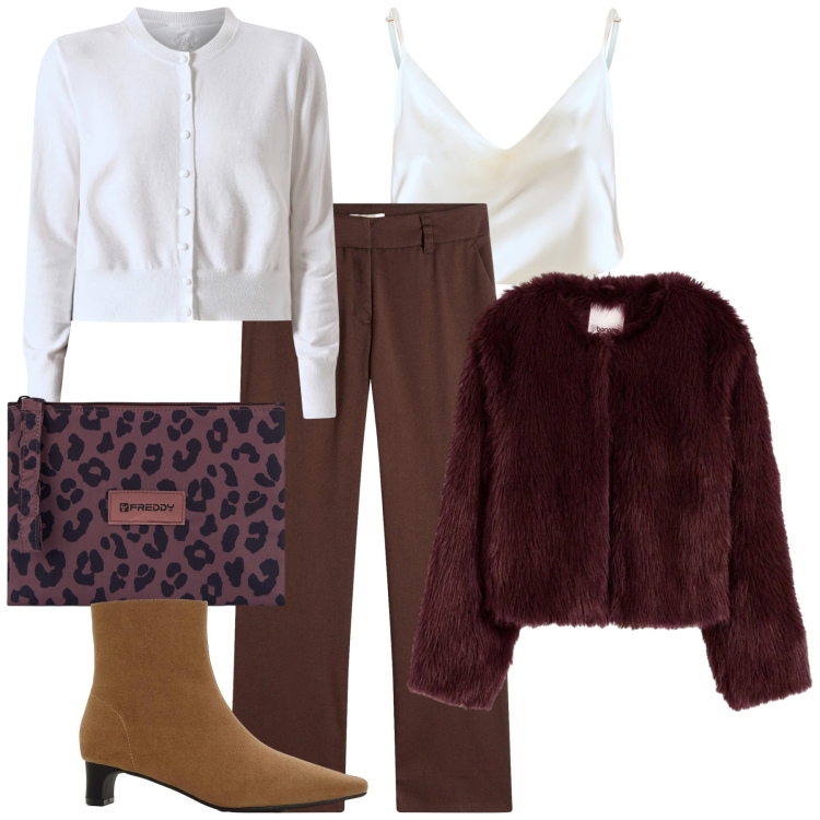 Outfit donna - Raffinatezza. Stile Chic per Tutti i giorni. Abbinamento con ecopellicce, stivaletti, pantaloni, canottiere, cardigans, clutch.