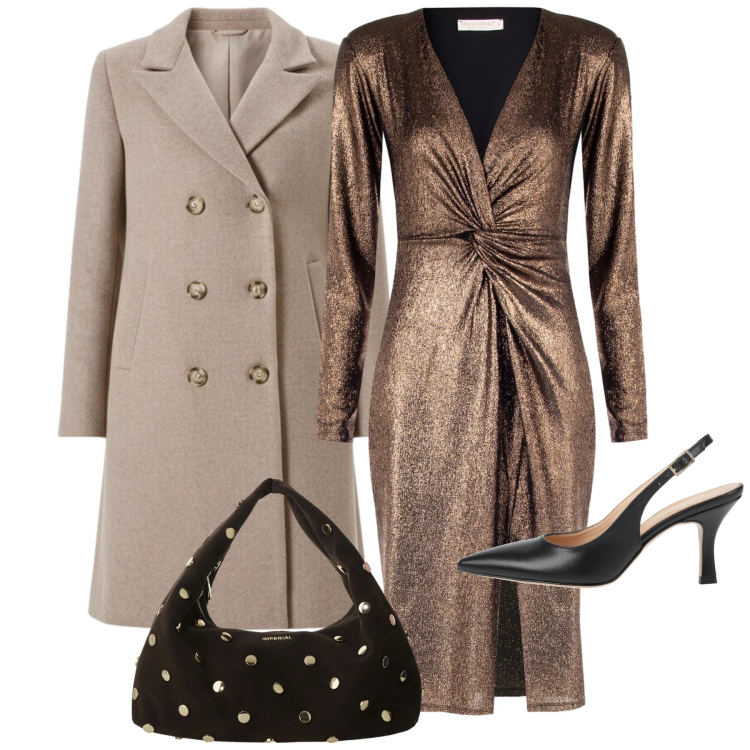 Outfit donna - Eleganza al cenone. Stile Glamour per Serata fuori. Abbinamento con décolleté, borse a spalla, vestiti a tubino, cappotti.