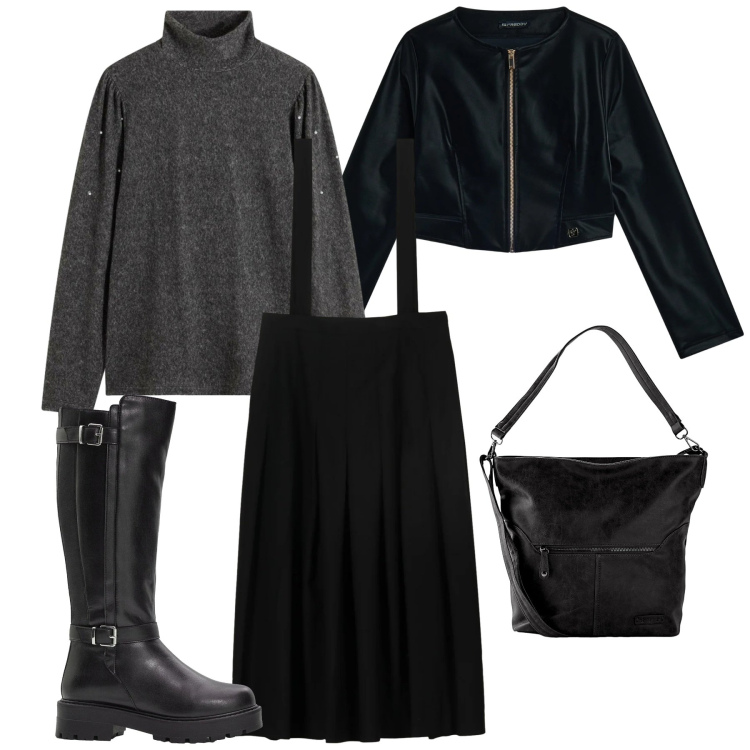 Outfit donna - Black preppy. Stile Preppy per Tutti i giorni. Abbinamento con stivali, borse a spalla, maglieria, blazer, gonne lunghe.