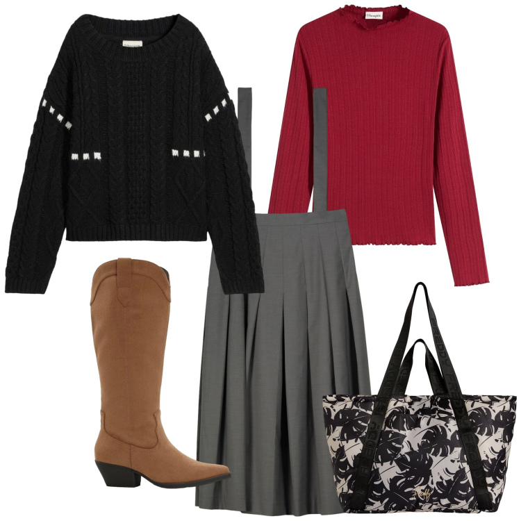 Outfit donna - Bretelle e pieghe. Stile Bon Ton per Ufficio. Abbinamento con maglieria, stivali, maglieria, shopping bag, gonne lunghe.