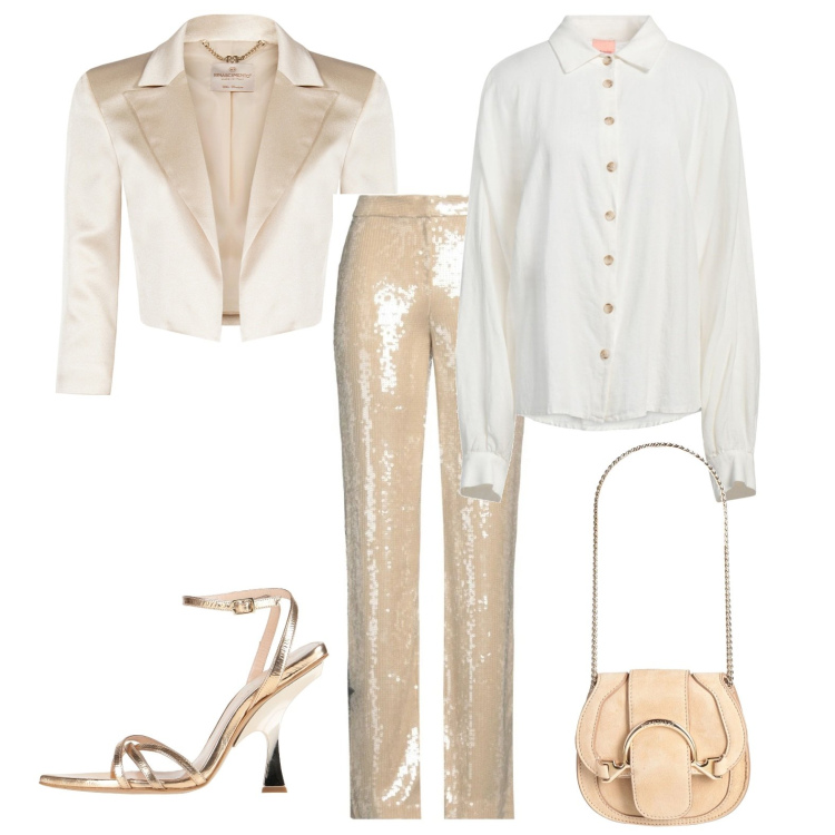 Outfit donna - Oro delicato. Stile Chic per Serata fuori. Abbinamento con marsupi, camicie, sandali in pelle, pantaloni, bolero.