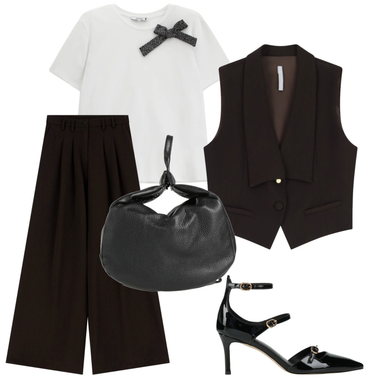 Outfit donna - Con una semplice T-shirt. Stile Trendy per Tutti i giorni. Abbinamento con décolleté, zaini, pantaloni, t-shirt, gilet.