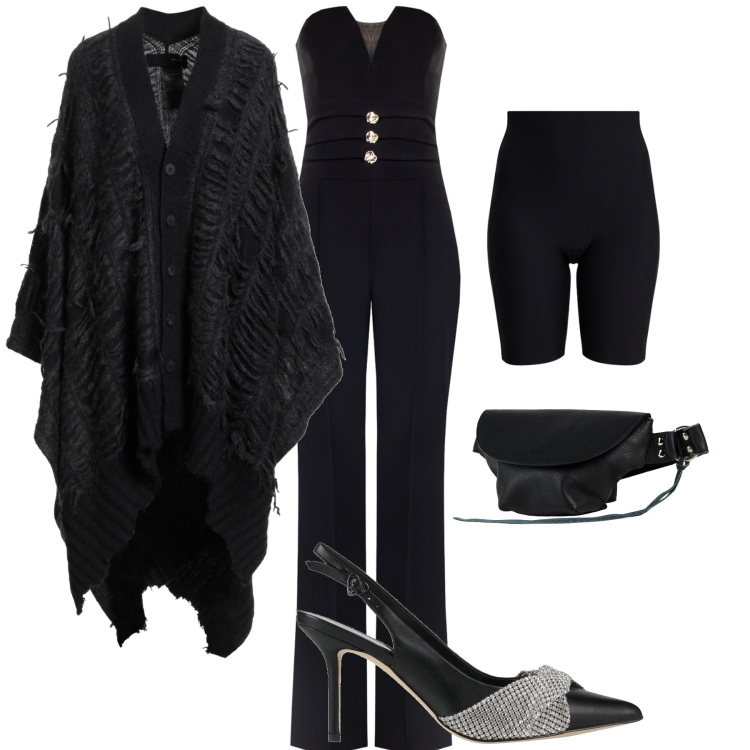 Outfit donna - Brindisi in tuta. Stile Glamour per Serata fuori. Abbinamento con décolleté, cappe, marsupi, tute, culotte.