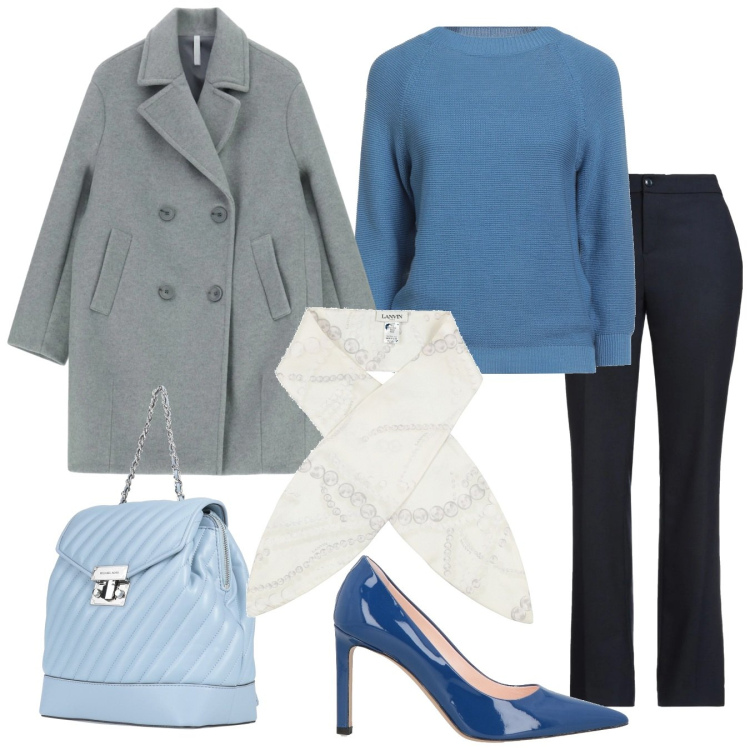 Outfit donna - Elegante in città. Stile Bon Ton per Tutti i giorni. Abbinamento con zaini, décolleté, pantaloni, sciarpe, pullovers, cappotti.