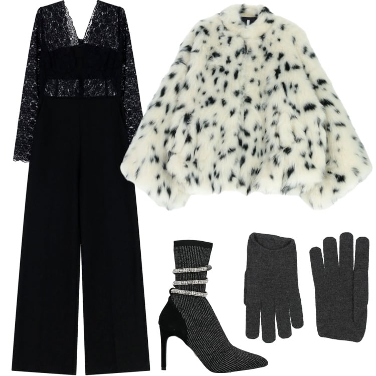 Outfit donna - Dalmata. Stile Glamour per Serata fuori. Abbinamento con stivaletti, guanti, tute, ecopellicce.