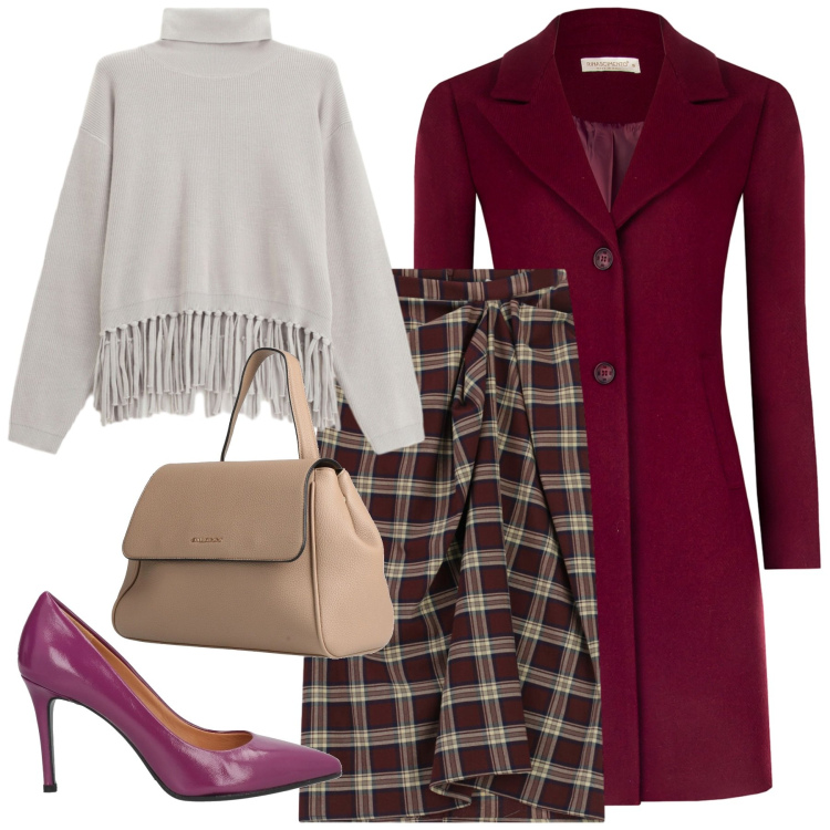 Outfit donna - Drappeggio e décolleté. Stile Chic per Tutti i giorni. Abbinamento con zaini, décolleté, maglieria, gonne longuette, cappotti.