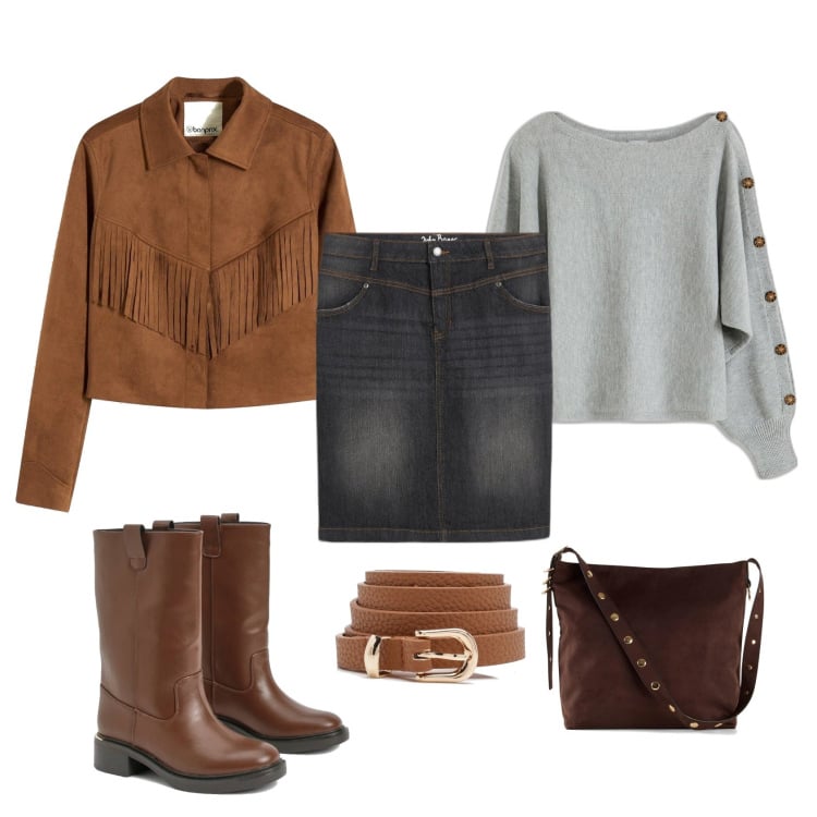 Outfit femme - Veste a franges. Style Boho pour Tous les jours. Assortir avec pulls, jupes longues, pantalon cargo, sac cabas, bottes, ceintures.