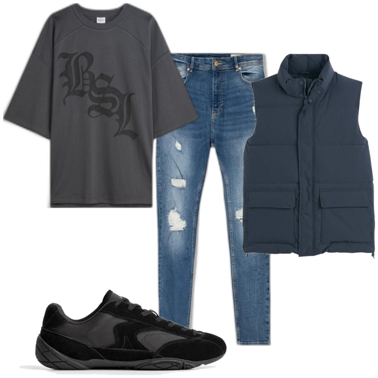 Outfit hombre - Urban #6165. Estilo Urban para Todos los días. Combinación con chalecos, vaqueros rotos, camiseta, sneakers.