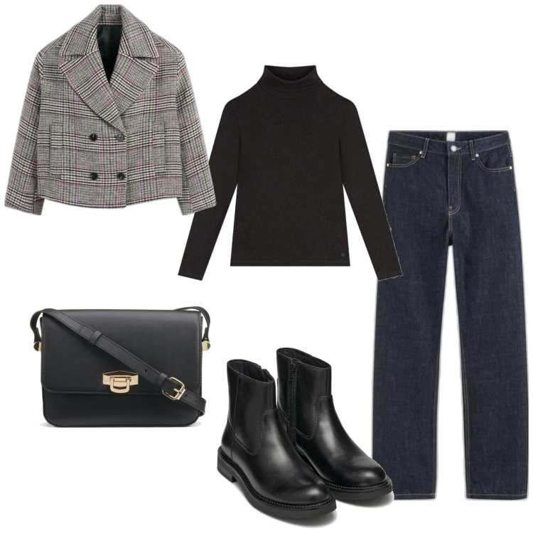 Outfit mujer - Casual #13967. Estilo Casual para Todos los días. Combinación con botines, bandoleras, abrigos, vaqueros rectos, camiseta.