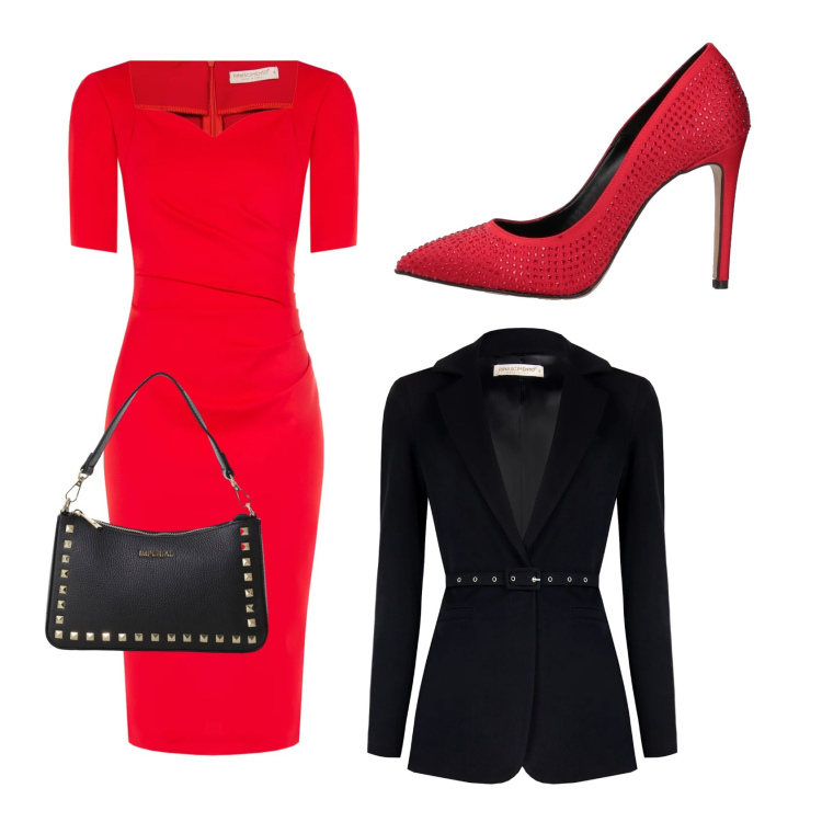 Outfit donna - Semplicità in red. Stile Chic per Serata fuori. Abbinamento con décolleté, blazer, vestiti a tubino, pochette.