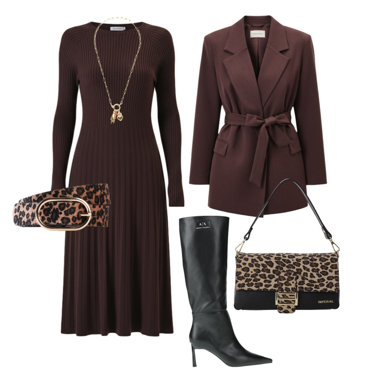 Outfit donna - Cioccolato e animalier. Stile Glamour per Tutti i giorni. Abbinamento con cinture, stivali, borse a spalla, ciondoli, vestiti midi/longuette, blazer.