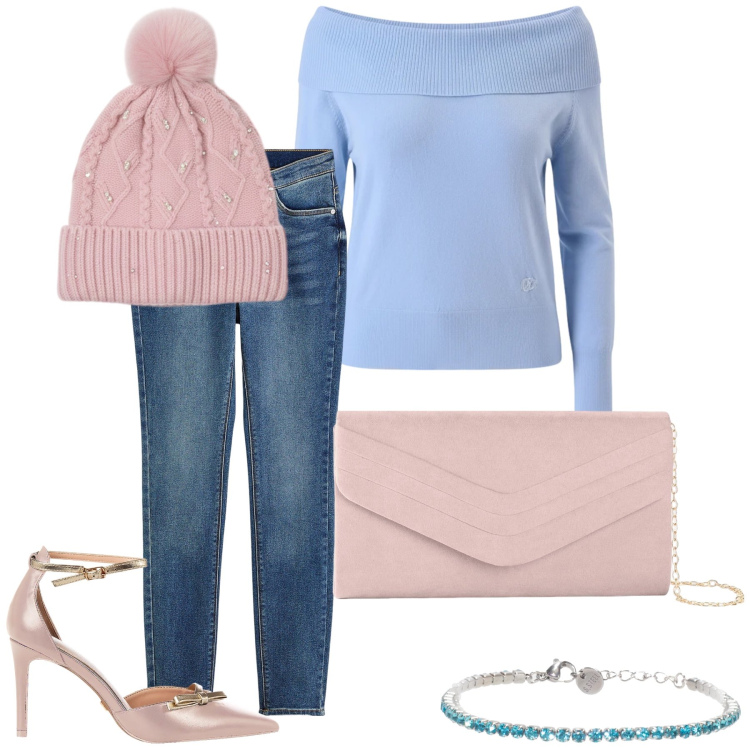Outfit donna - Colori pastello. Stile Sporty chic per Serata fuori. Abbinamento con jeans skinny, pochette, pullovers, décolleté, berretti, braccialetti.
