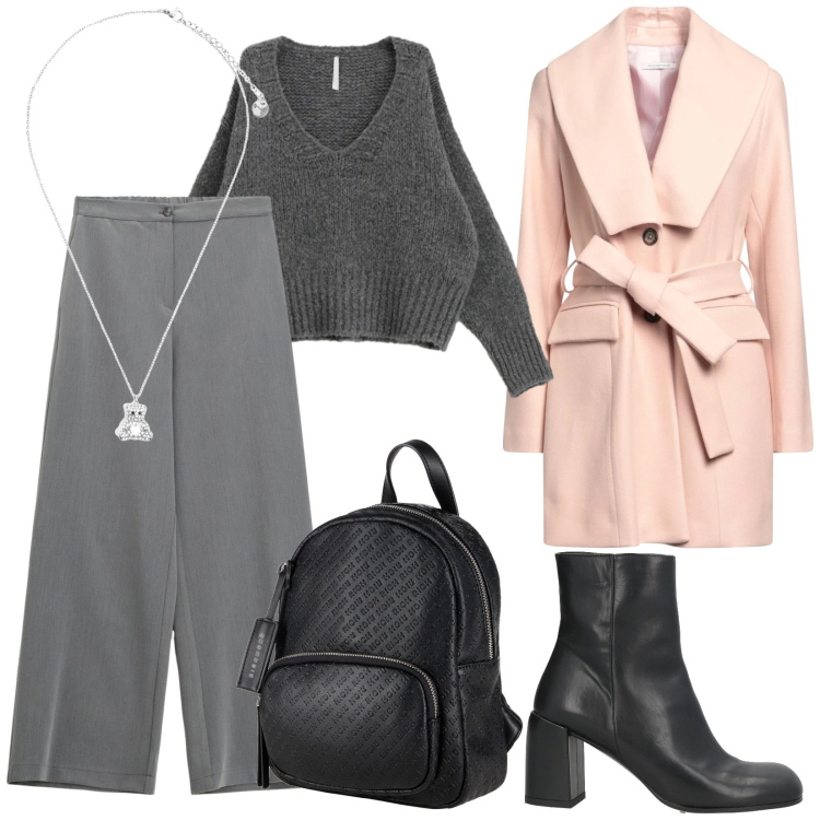 Outfit donna - Lo zainetto nero. Stile Casual chic per Tutti i giorni. Abbinamento con cappotti, zaini, stivaletti, pantaloni a palazzo, maglieria, ciondoli.