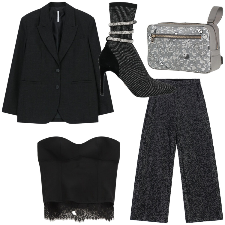 Outfit donna - Wow che stivaletto. Stile Glamour per Serata fuori. Abbinamento con stivaletti, marsupi, pantaloni a palazzo, blazer, top.