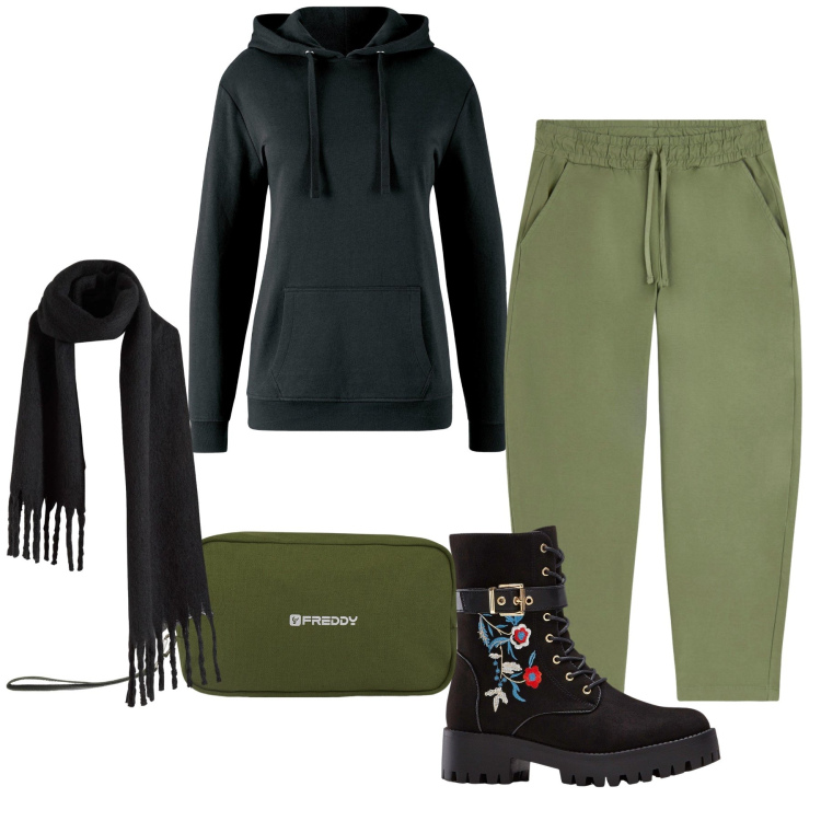 Outfit donna - Coulisses. Stile Casual chic per Tutti i giorni. Abbinamento con felpe con cappuccio, stivali, sciarpe, pantaloni, valigie.