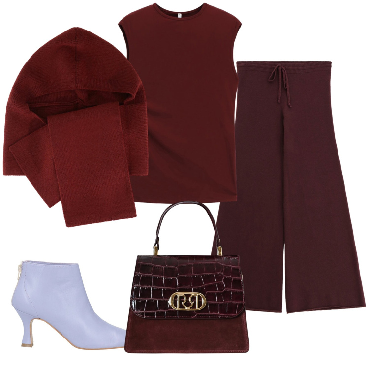 Outfit donna - Inatteso lilla. Stile Chic per Serata fuori. Abbinamento con stivaletti, sciarpe, pantaloni a palazzo, top, borse a mano.