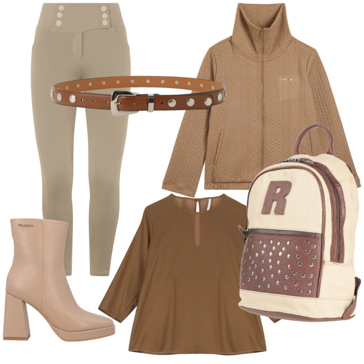 Outfit donna - Total look. Stile Basic per Tutti i giorni. Abbinamento con zaini, stivaletti, cinture, bluse, felpe, pantaloni skinny.