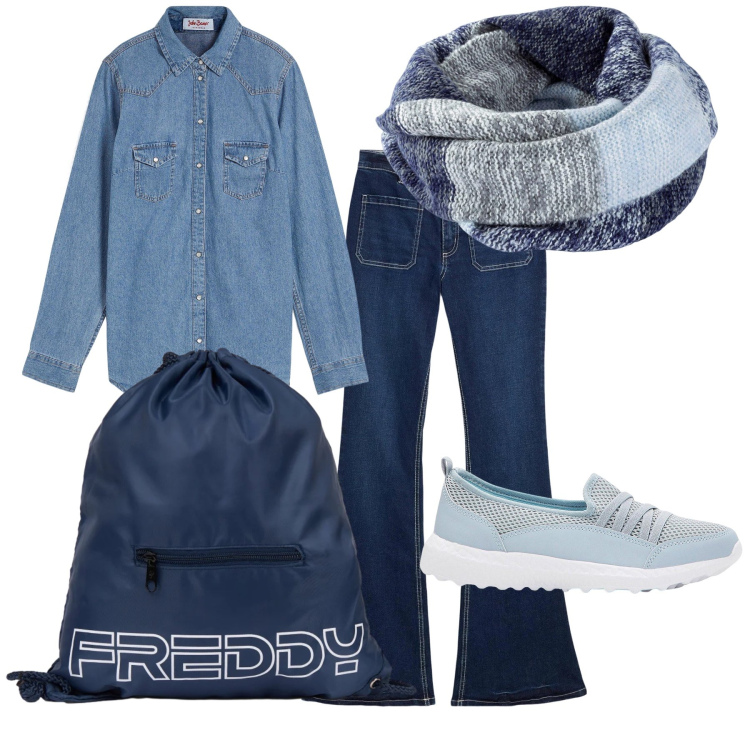 Outfit donna - Jeans forever. Stile Casual per Tutti i giorni. Abbinamento con sneakers, foulard, camicie, jeans bootcut, zaini.