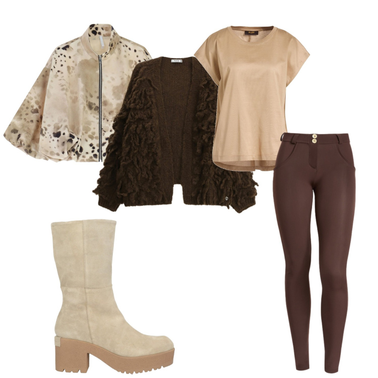 Outfit donna - Terra e oro. Stile Bon Ton per Tutti i giorni. Abbinamento con stivaletti, t-shirt, cardigans, bomber, pantaloni skinny.