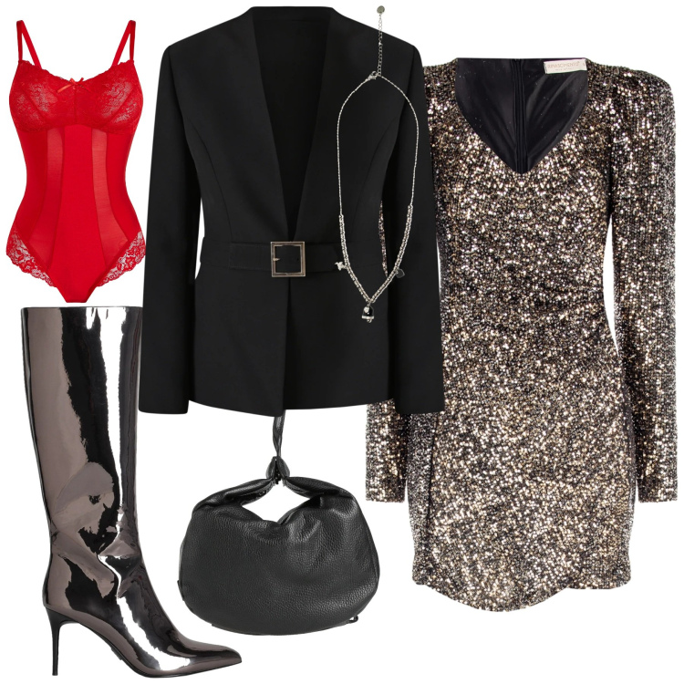 Outfit donna - Un ultimo botto. Stile Glamour per Serata fuori. Abbinamento con body, stivali, zaini, ciondoli, blazer, vestiti corti.