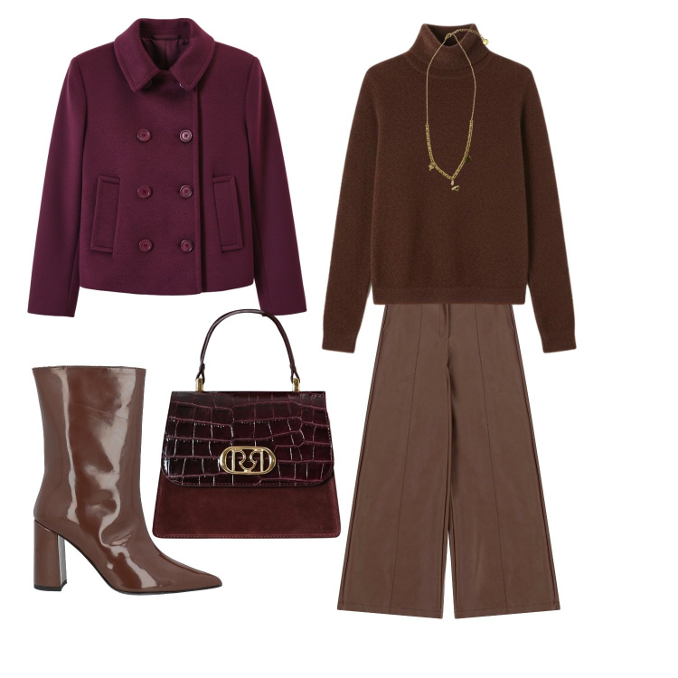 Outfit donna - Bordeaux e marrone. Stile Casual chic per Serata fuori. Abbinamento con stivaletti, pantaloni a palazzo, pullovers, caban, borse a mano, ciondoli.