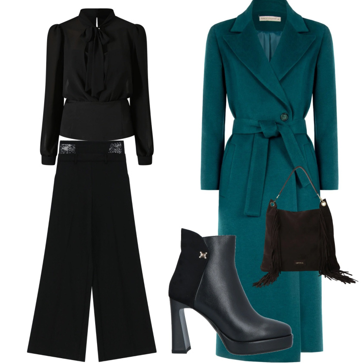 Outfit donna - Comodo chic in blue. Stile Casual chic per Ufficio. Abbinamento con stivaletti, pantaloni a palazzo, borse a spalla, bluse, cappotti.