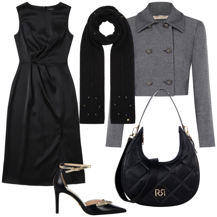 Outfit donna - Rinascimento affari al cenone. Stile Chic per Serata fuori. Abbinamento con vestiti midi/longuette, blazer, sciarpe, borse a tracolla, décolleté.